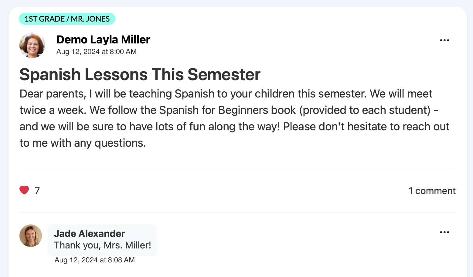 classroom feed post example